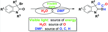 Graphical abstract: Visible-light-induced photocatalytic formyloxylation reactions of 3-bromooxindoles with water and DMF: the scope and mechanism