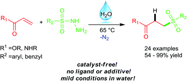 Graphical abstract: Catalyst-free sulfonylation of activated alkenes for highly efficient synthesis of mono-substituted ethyl sulfones in water