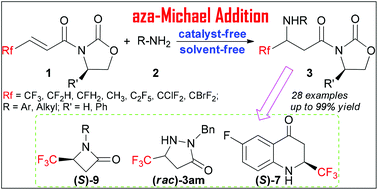 Graphical abstract: An aza-Michael addition protocol to fluoroalkylated β-amino acid derivatives and enantiopure trifluoromethylated N-heterocycles