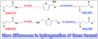 Graphical abstract: Upgrading biomass-derived furans via acid-catalysis/hydrogenation: the remarkable difference between water and methanol as the solvent
