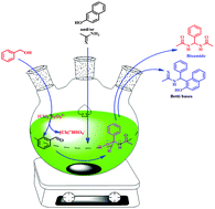 Graphical abstract: Choline peroxydisulfate oxidizing Bio-TSIL: triple role player in the one-pot synthesis of Betti bases and gem-bisamides from aryl alcohols under solvent-free conditions