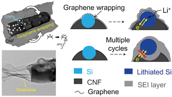 Graphical abstract: Graphene wrapping as a protective clamping layer anchored to carbon nanofibers encapsulating Si nanoparticles for a Li-ion battery anode