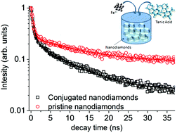 Graphical abstract: Enhanced photoluminescence from single nitrogen-vacancy defects in nanodiamonds coated with phenol-ionic complexes