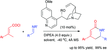 Graphical abstract: Organocatalytic [4 + 2] cyclocondensation of α,β-unsaturated acyl chlorides with imines: highly enantioselective synthesis of dihydropyridinone and piperidine derivatives