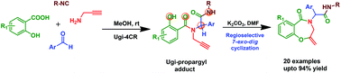 Graphical abstract: Base mediated 7-exo-dig intramolecular cyclization of Ugi–propargyl precursors: a highly efficient and regioselective synthetic approach toward diverse 1,4-benzoxazepine-5(2H)-ones
