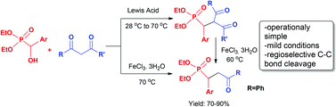 Graphical abstract: An easy access to α-aryl substituted γ-ketophosphonates: Lewis acid mediated reactions of 1,3-diketones with α-hydroxyphosphonates and tandem regioselective C–C bond cleavage