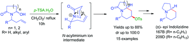 Graphical abstract: Stereoselective synthesis of O-tosyl azabicyclic derivatives via aza Prins reaction of endocyclic N-acyliminium ions: application to the total synthesis of (±)-epi-indolizidine 167B and 209D