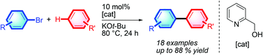 Graphical abstract: Direct intermolecular C–H arylation of unactivated arenes with aryl bromides catalysed by 2-pyridyl carbinol