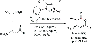 Graphical abstract: N-heterocyclic carbene-catalyzed cyclocondensation of 2-aryl carboxylic acids and enones: highly enantioselective synthesis of δ-lactones