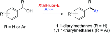 Graphical abstract: In situ activation of benzyl alcohols with XtalFluor-E: formation of 1,1-diarylmethanes and 1,1,1-triarylmethanes through Friedel–Crafts benzylation