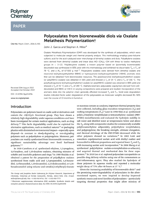 Additional Article Notification: Polyoxalates from biorenewable diols via Oxalate Metathesis Polymerization