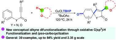 Graphical abstract: Copper-catalyzed oxidative ipso-carboalkylation of activated alkynes with ethers leading to 3-etherified azaspiro[4.5]trienones
