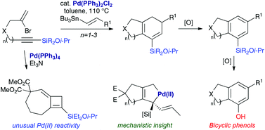Graphical abstract: Carbopalladation of bromoene-alkynylsilanes: mechanistic insights and synthesis of fused-ring bicyclic silanes and phenols