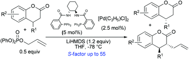 Graphical abstract: Kinetic resolution of 4-substituted-3,4-dihydrocoumarins via Pd-catalyzed asymmetric allylic alkylation reaction: enantioselective synthesis of trans-3,4-disubstituted-3,4-dihydrocoumarins
