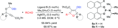 Graphical abstract: Gold(i)-catalyzed asymmetric [3 + 2]-cycloadditions of γ-1-ethoxyethoxy-propiolates and aldehydes