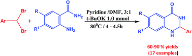 Graphical abstract: Easy access for the synthesis of 2-aryl 2,3-dihydroquinazolin-4(1H)-ones using gem-dibromomethylarenes as synthetic aldehyde equivalent