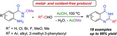 Graphical abstract: Oxidant- and metal-free synthesis of 4(3H)-quinazolinones from 2-amino-N-methoxybenzamides and aldehydes via acid-promoted cyclocondensation and elimination