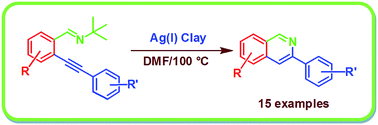 Graphical abstract: Synthesis of substituted isoquinolines via iminoalkyne cyclization using Ag(i) exchanged K10-montmorillonite clay as a reusable catalyst