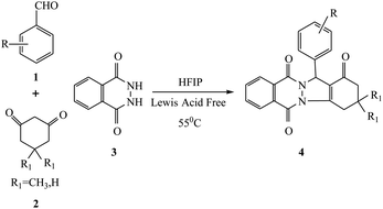 Graphical abstract: Lewis acid free synthesis of 3,4-dihydro-1H-indazolo[1,2-b]phthalazine-1,6,11(2H,13H)-triones promoted by 1,1,1,3,3,3-hexafluoro-2-propanol