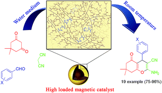 Graphical abstract: Cross-linked poly(dimethylaminoethyl acrylamide) coated magnetic nanoparticles: a high loaded, retrievable, and stable basic catalyst for the synthesis of benzopyranes in water