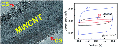 Graphical abstract: Multiwalled carbon nanotubes coated with a thin carbon layer for use as composite electrodes in supercapacitors