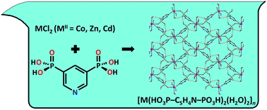 Graphical abstract: Synthesis, structural characterization and computational studies of layered metal phosphonates: [M(HO3P–C5H4N–PO3H)2(H2O)2]n [MII = Co, Zn, Cd]