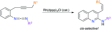 Graphical abstract: Rhodium(i)-catalysed “ene-type” cycloisomerization of N-[2-(2-alkyn-1-yl)phenyl]carbodiimides leading to 3-(cis-alken-1-yl)-2-aminoquinolines