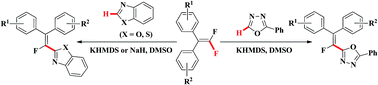 Graphical abstract: Base-mediated direct fluoroalkenylation of 2-phenyl-1,3,4-oxadiazole, benzothiazole and benzoxazole with gem-difluoroalkenes