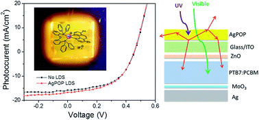 Graphical abstract: Application of UV-absorbing silver(i) luminescent down shifter for PTB7 organic solar cells for enhanced efficiency and stability