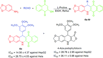 Graphical abstract: l-Proline catalyzed three-component synthesis of para-naphthoquinone–4-aza-podophyllotoxin hybrids as potent antitumor agents