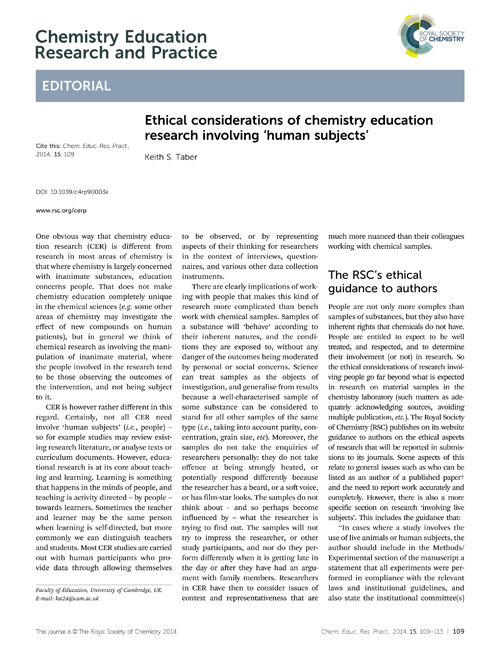 Ethical considerations of chemistry education research involving ‘human subjects’