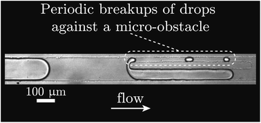 Graphical abstract: Cooperative breakups induced by drop-to-drop interactions in one-dimensional flows of drops against micro-obstacles