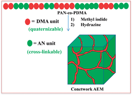 Graphical abstract: Amphiphilic poly(acrylonitrile)-co-poly(2-dimethylamino)ethyl methacrylate conetwork-based anion exchange membrane for water desalination