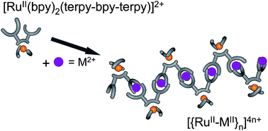Graphical abstract: Alternated bimetallic [Ru–M] (M = Fe2+, Zn2+) coordination polymers based on [Ru(bpy)3]2+ units connected to bis-terpyridine ligands: synthesis, electrochemistry and photophysics in solution or in thin film on electrodes