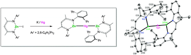 Graphical abstract: Synthesis, molecular and electronic structure, and reactions of a Zn–Hg–Zn bonded complex