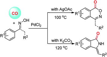 Graphical abstract: Palladium-catalyzed Csp2–H carbonylation of aromatic oximes: selective access to benzo[d][1,2]oxazin-1-ones and 3-methyleneisoindolin-1-ones