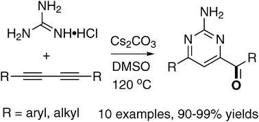 Graphical abstract: The synthesis of carbonyl 2-amino-pyrimidines via tandem regioselective heterocyclization of 1,3-diynes with guanidine and selective oxidation