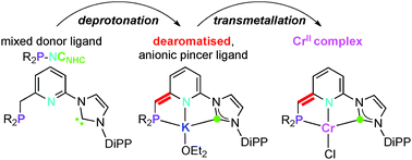 Graphical abstract: N-Heterocyclic carbene–phosphino-picolines as precursors of anionic ‘pincer’ ligands with dearomatised pyridine backbones; transmetallation from potassium to chromium