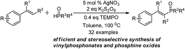 Graphical abstract: Stereoselective synthesis of vinylphosphonates and phosphine oxides via silver-catalyzed phosphorylation of styrenes