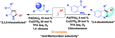 Graphical abstract: Palladium(ii)-catalysed regioselective synthesis of 3,4-disubstituted quinolines and 2,3,5-trisubstituted pyrroles from alkenes via anti-Markovnikov selectivity