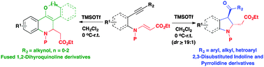 Graphical abstract: Stereoselective synthesis of 2,3-disubstituted indoline, pyrrolidine and cyclic ether-fused 1,2-dihydroquinoline derivatives using alkyne iminium ion cyclization of vinylogous carbamates: switch of regioselectivity using an internal hydroxy group as a nucleophile