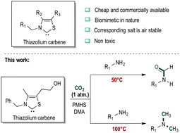 Graphical abstract: Thiazolium carbene catalysts for the fixation of CO2 onto amines