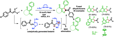 Graphical abstract: Betaine mediated synthesis of annulated dihydrofurans from oxobis(methylthio)ketene acetals and N-butyl-N′-methyl ethane-1,2-diamine as precursors via NHC elimination