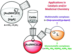 Graphical abstract: Versatile synthesis of cationic N-heterocyclic carbene–gold(i) complexes containing a second ancillary ligand. Design of heterobimetallic ruthenium–gold anticancer agents