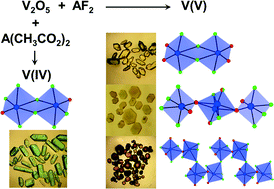 Graphical abstract: Synthetic strategies for new vanadium oxyfluorides containing novel building blocks: structures of V(iv) and V(v) containing Sr4V3O5F13, Pb7V4O8F18, Pb2VO2F5, and Pb2VOF6