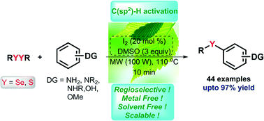 Graphical abstract: DMSO/iodine-catalyzed oxidative C–Se/C–S bond formation: a regioselective synthesis of unsymmetrical chalcogenides with nitrogen- or oxygen-containing arenes