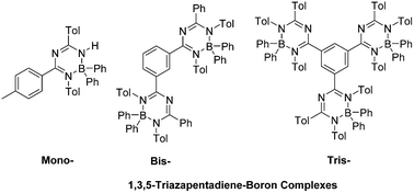 Graphical abstract: Fluorescent benzene-centered mono-, bis- and tris-triazapentadiene–boron complexes