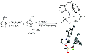 Graphical abstract: Ruthenium(ii) and iridium(iii) complexes featuring NHC–sulfonate chelate