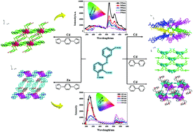 Graphical abstract: Controllable synthesis of Zn/Cd(ii) coordination polymers: dual-emissive luminescent properties, and tailoring emission tendency under varying excitation energies