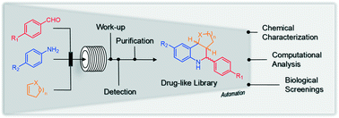 Graphical abstract: Integrating multicomponent flow synthesis and computational approaches for the generation of a tetrahydroquinoline compound based library